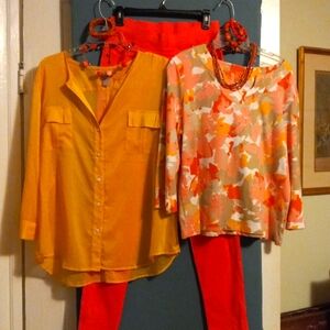 TWO COMPLETE OUTFITS-SLACKS,2 BLOUSES,3 BRACELETS & 2 necklaces